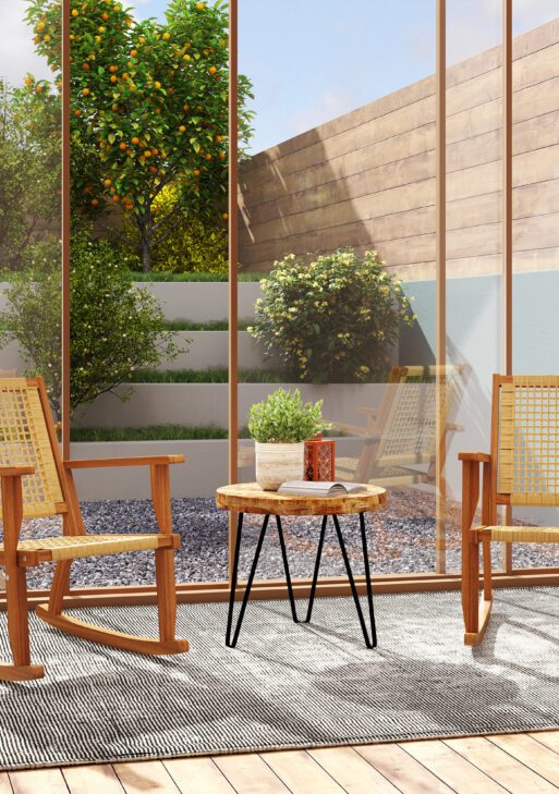 Outdoor Lawn Rocking Chair Set of 2, Acacia Wood Patio Rocking Chairs with Wicker Back and Seat for Garden, Khaki