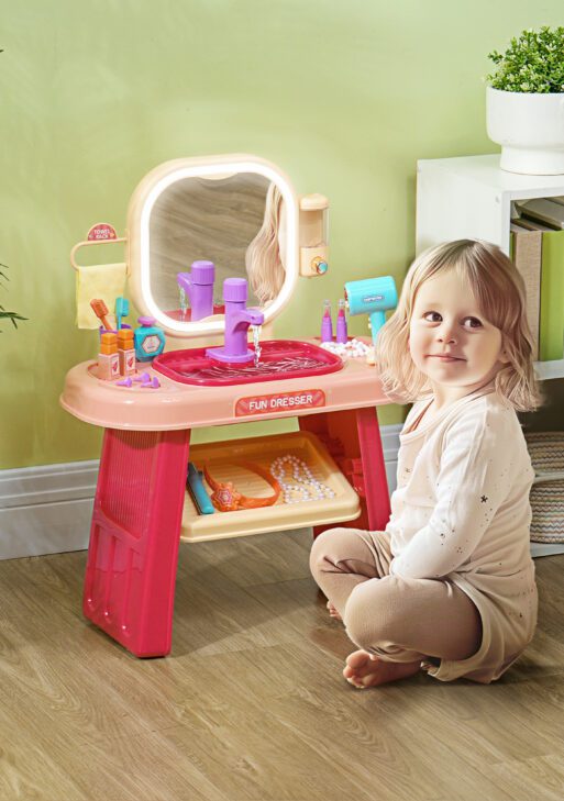 Kids Vanity Set with Mirror, LED Light, Music, 23 Accessories, Pretend Play Set for Girls 3-6 Years, Pink