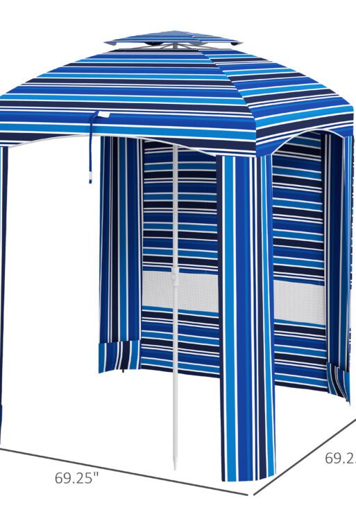 5.8' x 5.8' Cabana Umbrella for Travel, Walls, Vents, Ruffles, Carry Bag, Beach Umbrella, Blue Stripe