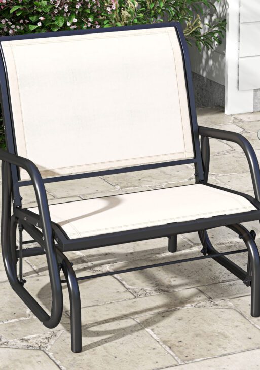 Outdoor Glider Chair, Steel Swing Chai with Curved Armrests for Porch, Garden, Poolside, Balcony, Cream White