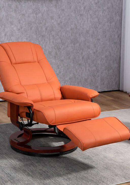 Faux Leather Recliner Chair, Swivel Recliner with Footrest, Armrest and Wood Base for Living Room, Orange