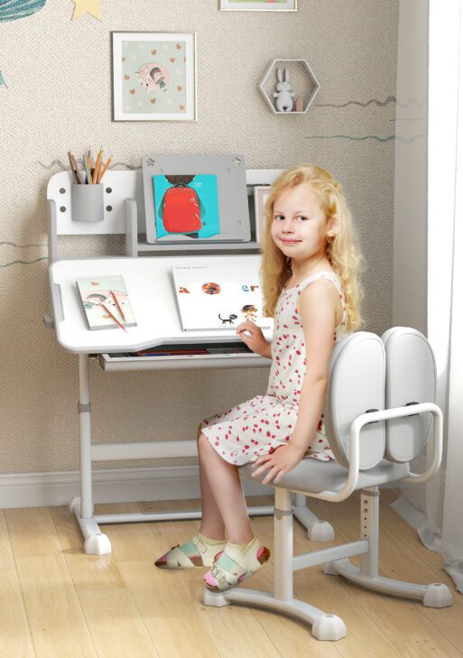 Height Adjustable Kids Desk and Chair Set for Writing Drawing w/ Tilt Desktop, Storage Drawer and Reading Rack, Gray