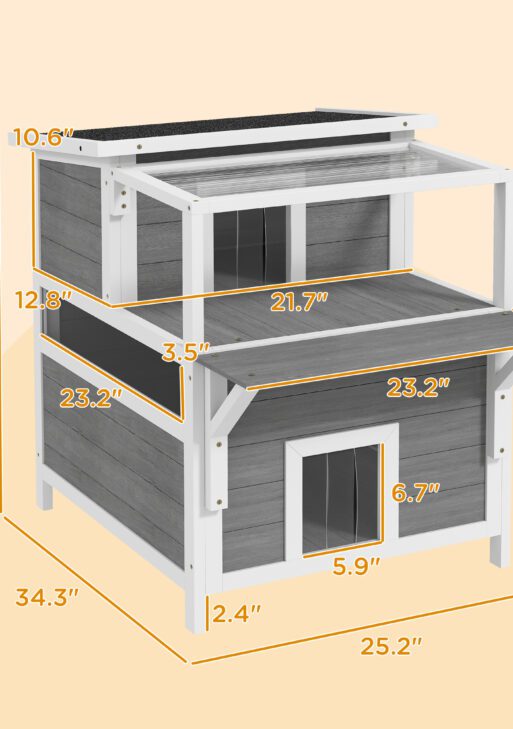 2-Story Wooden Cat House Outdoor with Balcony, Openable Top, Escape Door, Removable Panel & Floor, for Backyard, Outside