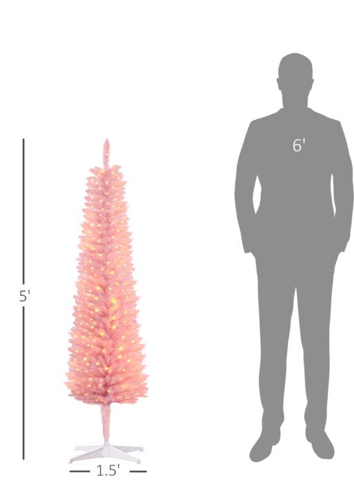 5' Prelit Christmas Tree, Pencil Artificial Christmas Tree with Colorful Surface Branches, Colorful LED Lights, Pink