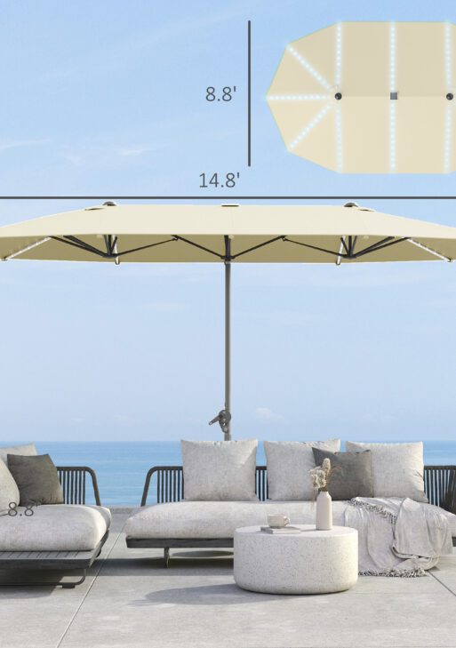 15ft Double-Sided Outdoor Umbrella with Solar Lights, UPF50+ Extra Large Aluminum Patio Umbrella with Crank, Cream White