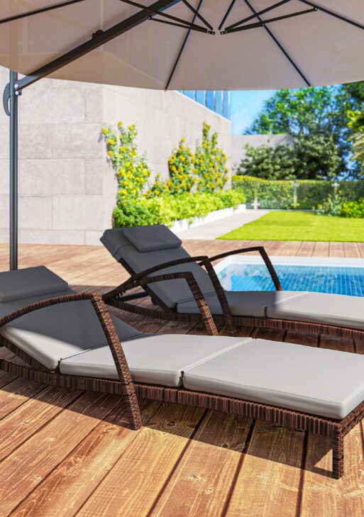 Set of 2 Wicker Chaise Lounge Chair Outdoor Patio Lounger with 5 Adjustable Back, Wheels, Cushion, and Armrests, Gray