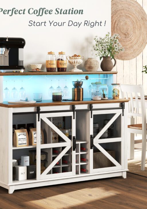 55" Coffee Bar Cabinet with Lights, Farmhouse Wine Cabinet with Wine and Glass Racks for Kitchen, Dining Room, White