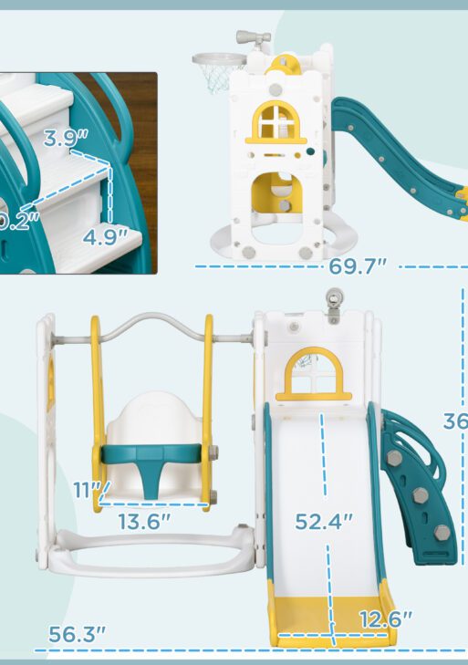 6 in 1 Toddler Slide and Swing Set Indoor for Age 1-3 Years w/ Basketball Hoop, Climber, Storage Telescope, Yellow