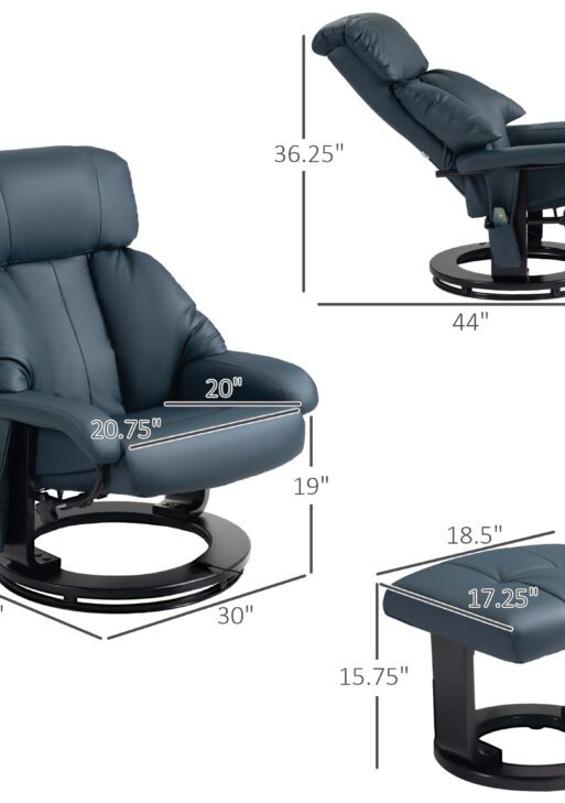 Swivel Recliner with Ottoman, Faux Leather Reclining Chair with Massage, Footstool Remote and Side Pocket, Blue