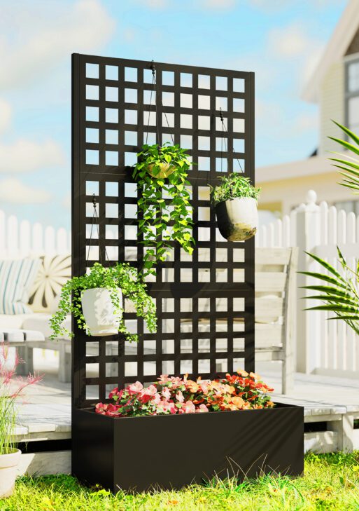 Galvanized Raised Garden Bed Planter Box with Trellis for Climbing Plants, Vegetable, Vines, 35" x 16" x 70", Black