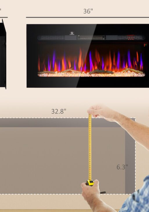 36" Recessed or Wall Mounted Electric Fireplace Heater with Remote Control, Adjustable Flame Color and Brightness