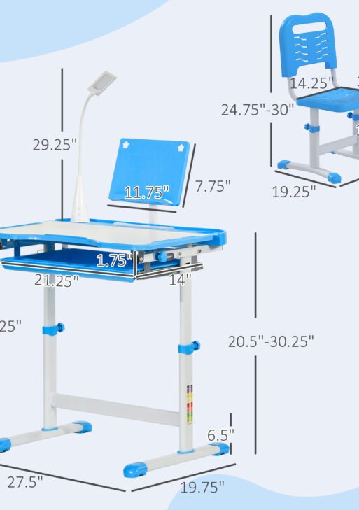 Kids Desk and Chair Set with USB Light, Storage Drawer, Blue