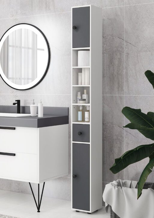 71" Small Bathroom Storage Cabinet, Narrow Toilet Paper Cabinet with Open Shelves, 2 Cabinets, Adjustable Shelves, Gray