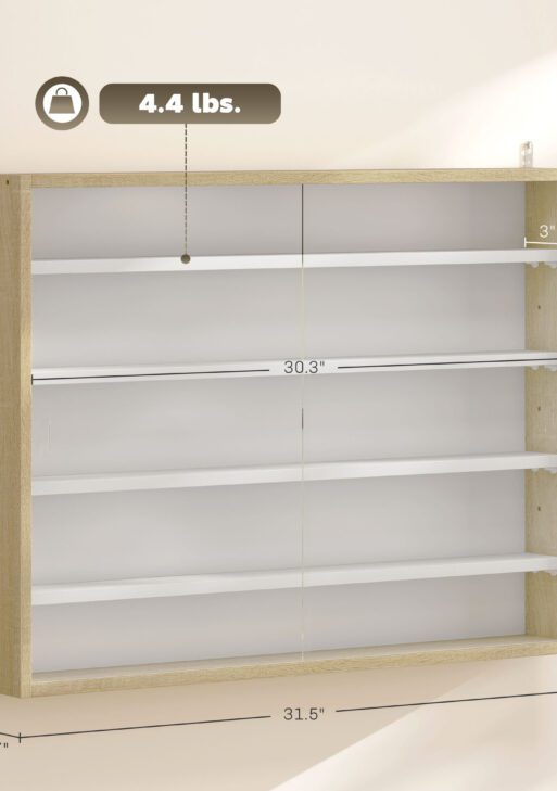 5-Tier Display Cabinet, Wall-Mounted Display Case with 2 Glass Doors and Adjustable Shelves, Oak and White