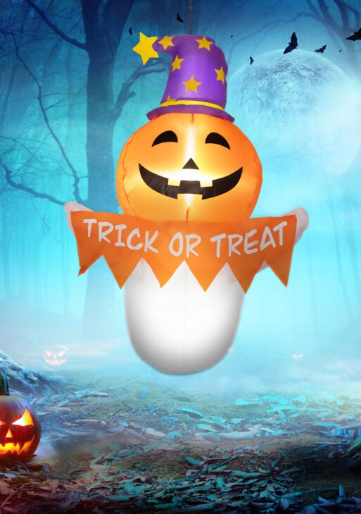 3.4ft Inflatable Halloween Window Sticker Ghost with Orange Face, Blow Up LED Display for Garden Indoor Outdoor