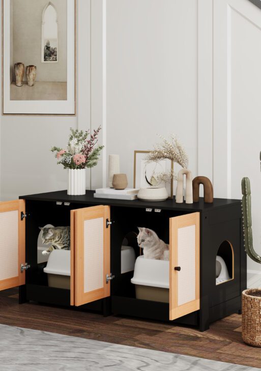 Cat Litter Box Enclosure w/ 2 Cabinets, Scratching Mats & Trays for 2 Cats or Kittens, Black