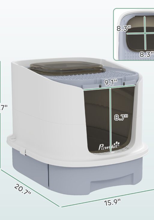 Covered Cat Litter Box with Lid, Drawer, Scoop, Top Entry, Deodorizing Bags, Odor Control, Easy to Clean, Gray