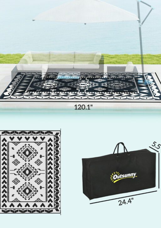 Reversible Outdoor Rug, Waterproof Plastic Straw with Carry Bag, 8' x 10', Black & White Rhombus Patchwork