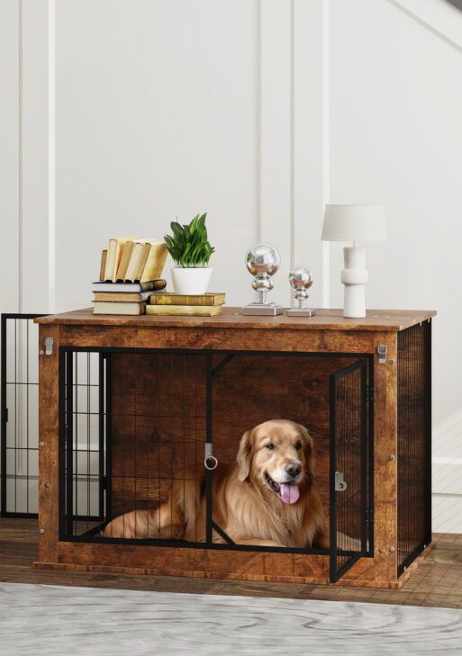 39" Dog Crate Furniture with Flip-up Top Opening, 2 Doors, Dog Kennel Furniture for Large Dogs, Rustic Brown