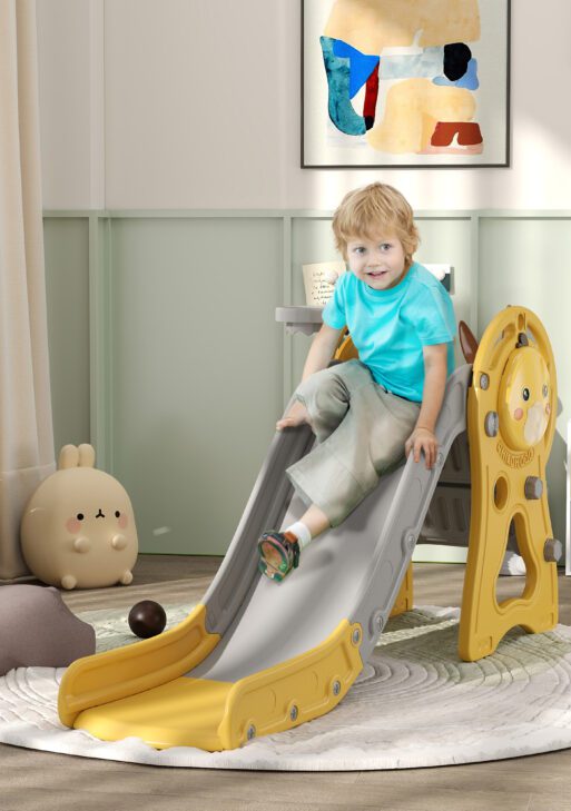 3 in 1 Toddler Slide with Basketball Hoop, Climber, Duck Pattern for Kids 1-3 Years, Yellow