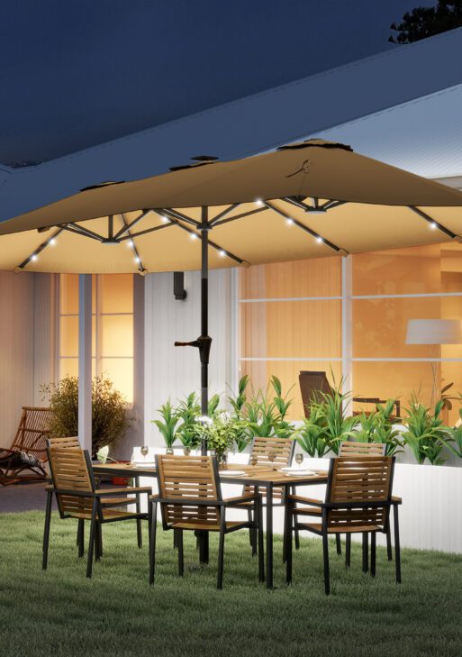 13ft Double-Sided Market Umbrella, Large Patio Umbrella with Solar Lights, Crank Handle for Garden, Pool, Yard, Khaki