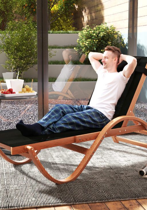 Larch Wood Lounge Chair, 4-Level Adjustable Tanning Chair, Full Flat Patio Lounger with Mesh Seat, Black