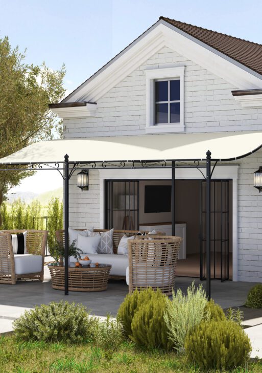 10' x 16' Wall-Mounted Outdoor Pergola Canopy, Metal Patio Canopy with Drainage Holes for Backyard Garden, Cream White