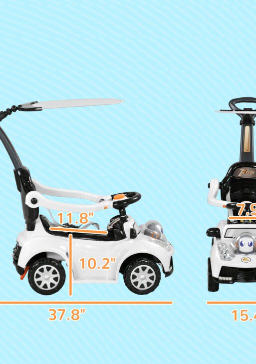 3 in 1 Push Car Sliding Car with Removable Handle, Music, Horn, Canopy, Safety Guardrail, White