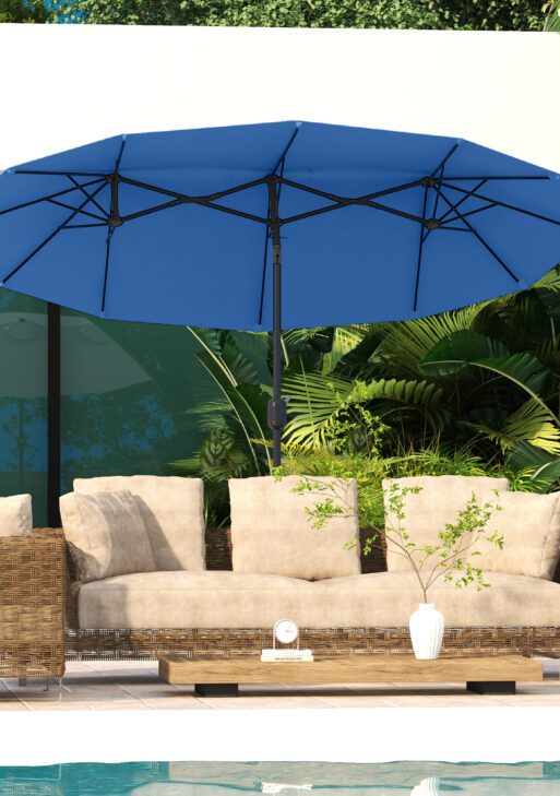 Double-sided Patio Umbrella, 9.5' Outdoor Umbrella with Push Button Tilt and Crank, 3 Air Vents and 12 Ribs, Navy Blue