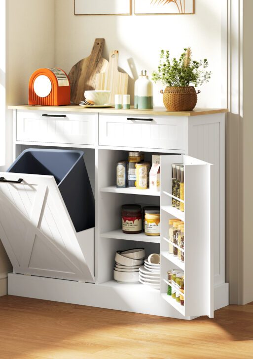10 Gallon Farmhouse Kitchen Cabinet with Hidden Trash Can and 2 Drawers, Tilt Out Trash Can Cabinet for Kitchen, White
