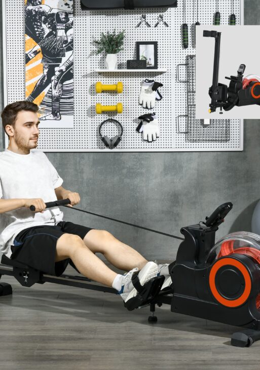 Foldable Rower Machine, Water Rowing Machine with Wheels, LCD Monitor and Tablet Holder for Cardio Training, Red