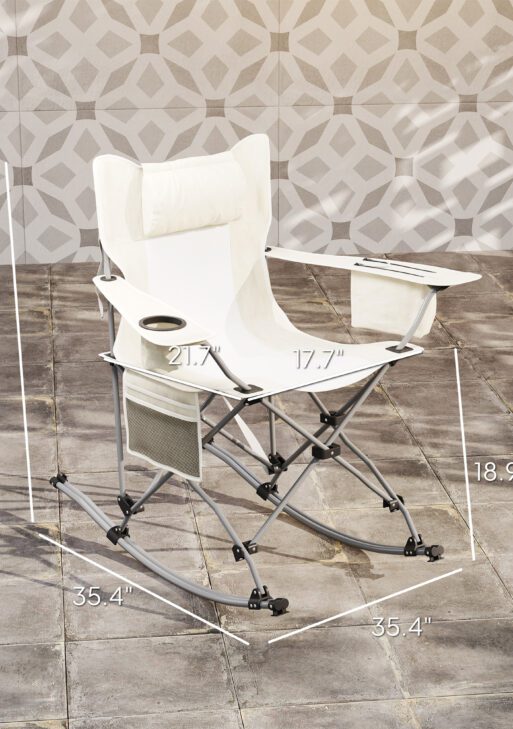 Folding Rocking Camping Chairs, Portable Chairs with Headrest, Cooler Bag, Cup Holder, Carry Bag, 2 Pack, Cream