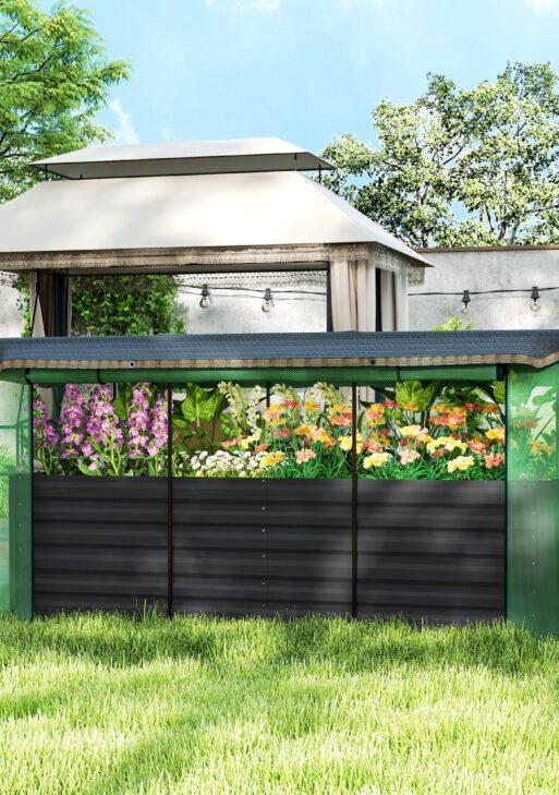 Galvanized Steel Planter Box with Crop Cage and Shade Cloth, Raised Garden Bed for Flowers, Veggies and Herbs, Dark Gray
