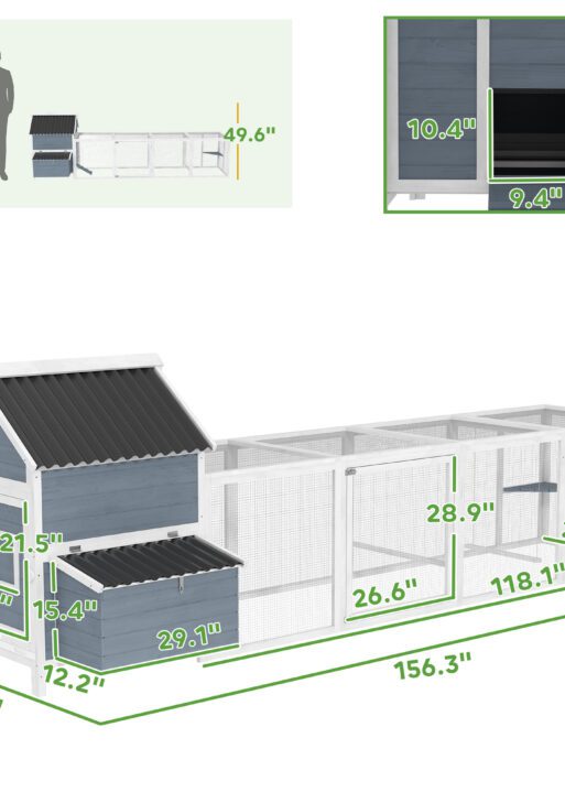 156" Extra Large Wooden Chicken Coop with 2 Nesting Box, Run Cage, Waterproof Wave Roof, for 10-15 Chickens, Light Gray