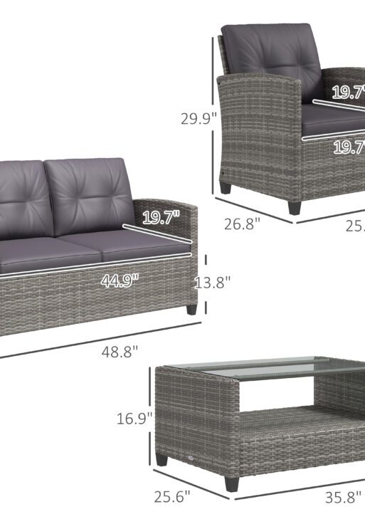 4 Piece PE Rattan Wicker Patio Furniture Set with Two-tier Coffee Table and Cushions, Charcoal