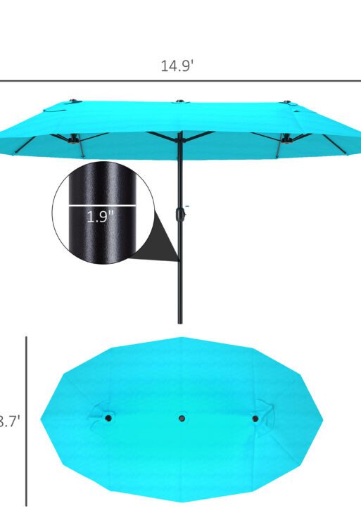 Patio Umbrella 15ft Double-Sided Outdoor Market Extra Large Umbrella with Crank Handle for Backyard, Light Blue