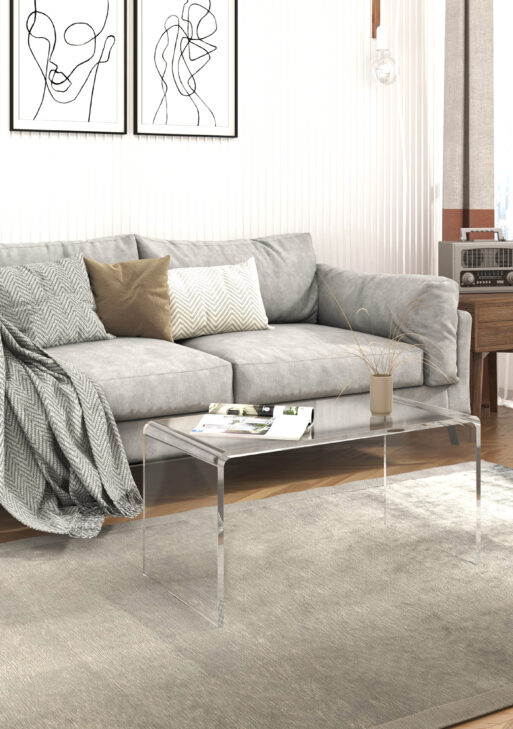 0.6" Thick Acrylic Coffee Table, 32" Long Rectangle Waterfall Coffee Table, Clear