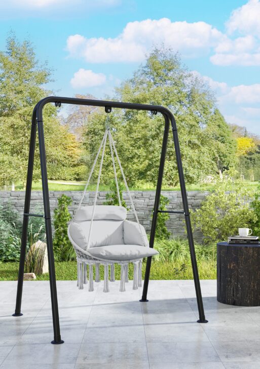 Hammock Swing Chair, Macrame Hanging Chair with Large Cushion, Chain, Steel Frame for Indoor Outdoor Use, Gray