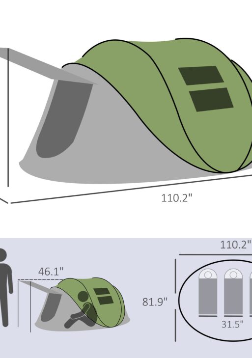 Pop Up Tent with Porch and Carry Bag, 3000mm Waterproof, for 2-3 People Camping Hiking, Green