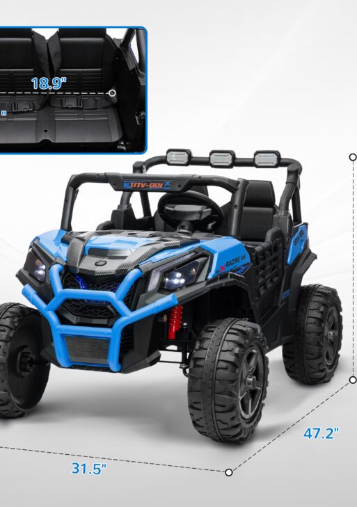 2 Seater 24V Kids Electric Car w/ Remote Control, 3 Speed, LED Lights, Music, Horn, Spring Suspension, Slow Start, Blue