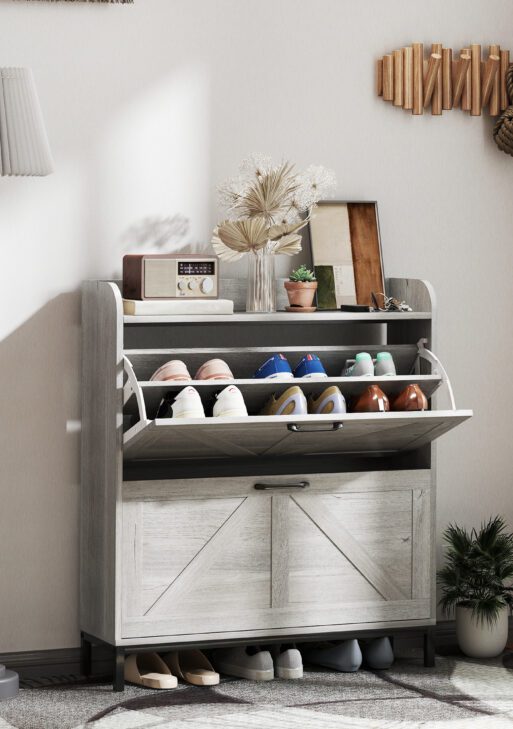 Shoe Cabinet Organizer with 2 Flip Drawers, Legs, Narrow Shoe Storage Cabinet for Entryway, Hallway, Light Gray
