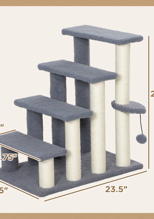4 Levels Cat Steps with Scratching Posts for High Bed, Sofa, Gray