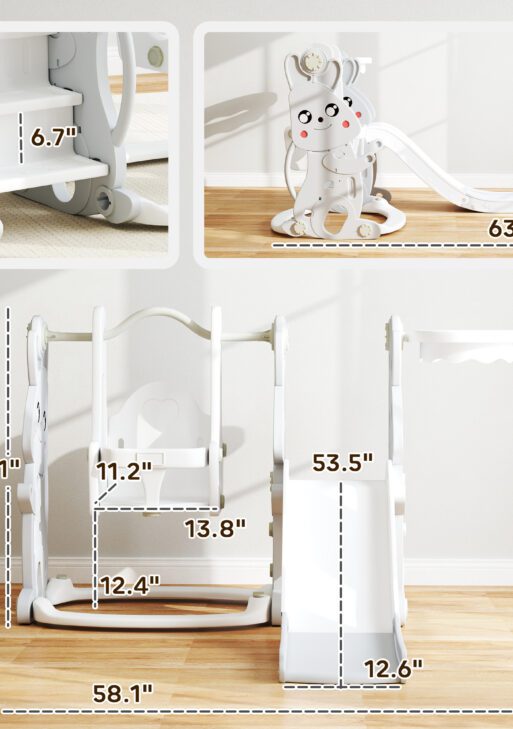 4 in 1 Toddler Slide and Swing Set with Climber, Basketball Hoop, Rabbit Themed Kids Playset for Ages 1.5-4, Gray
