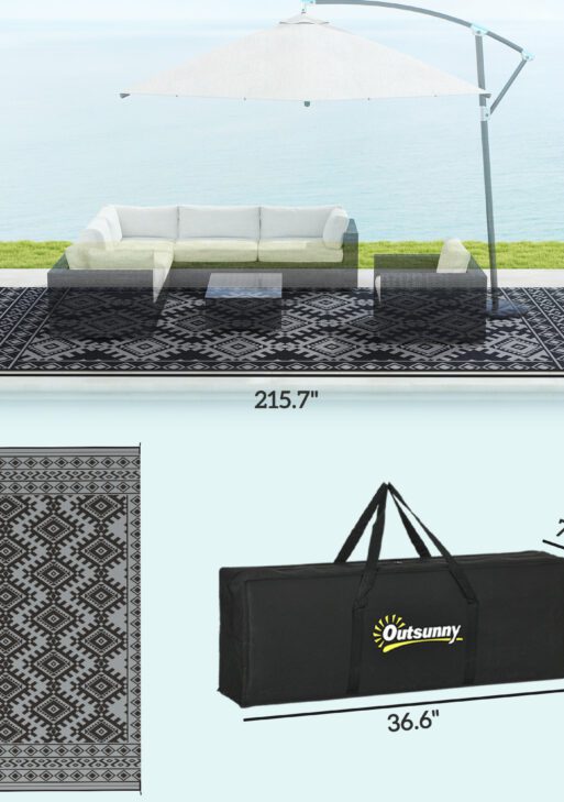 Reversible Outdoor Rug, Waterproof Plastic Straw with Carry Bag, 9' x 18', Black & Gray Rhombus Border