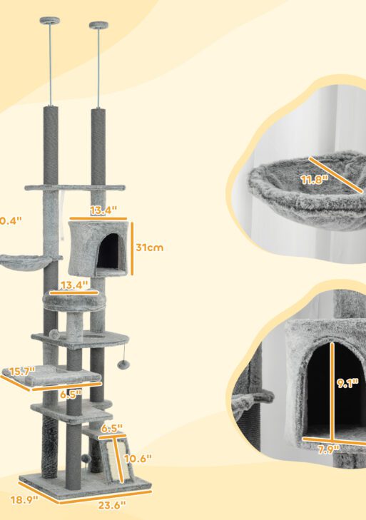 89"-100" Floor to Ceiling Cat Tree for Indoor Cats, Activity Center with Cat Perch & Condo, Gray