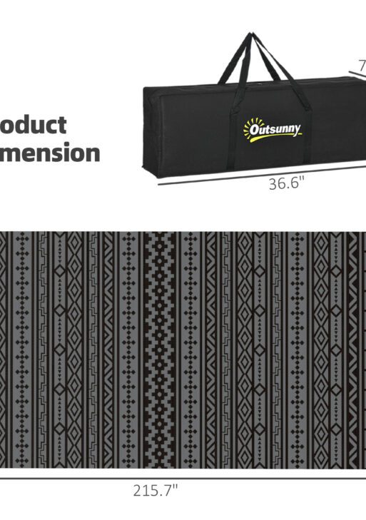 Reversible Outdoor Rug, Waterproof Plastic Straw with Carry Bag, 9' x 18', Black & Gray Geometric Wall