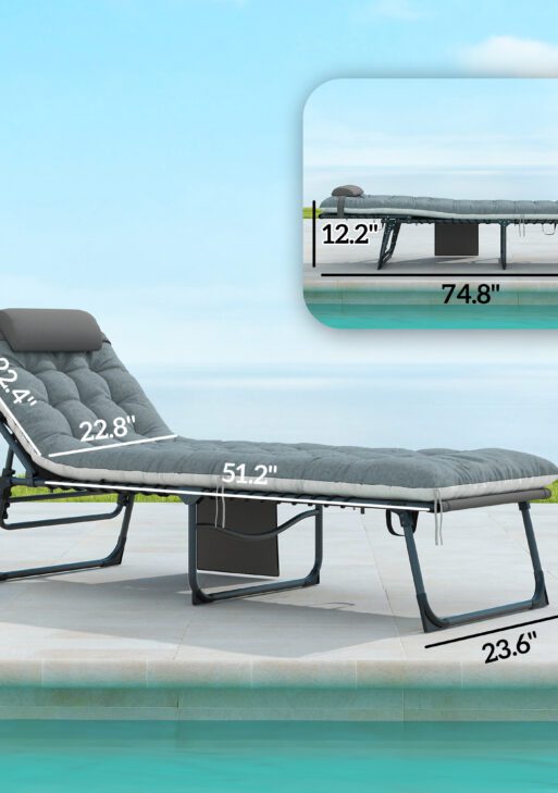 Outdoor Chaise Lounge Chair Set of 2, 5-Level Adjustable Folding Pool Lounge Chairs with Cushions, Gray