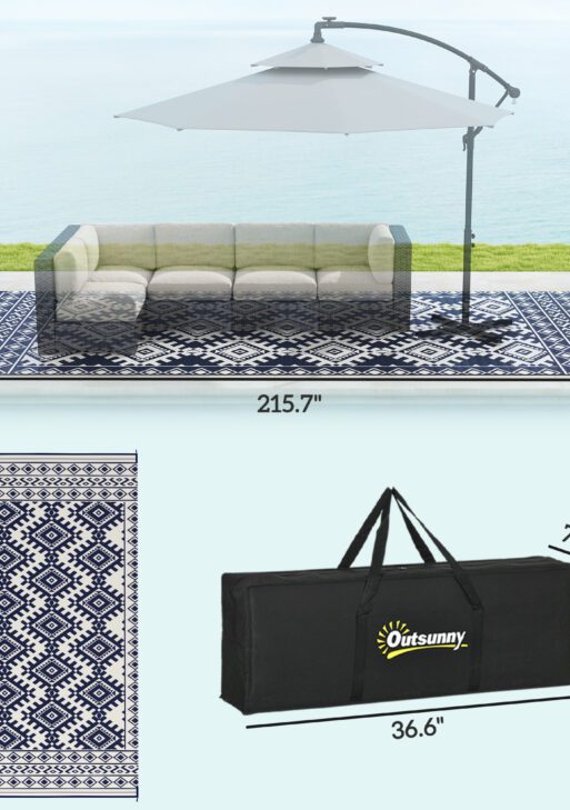 Reversible Outdoor Rug, Waterproof Plastic Straw with Carry Bag, 9' x 18', Blue & White Rhombus Border