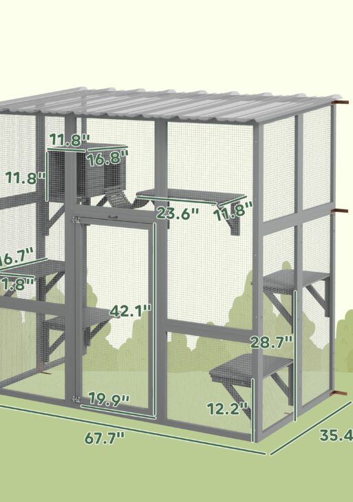 Catio Outdoor Cat Enclosure, Window Box Wooden Cat House with Bridge Platforms, Gray