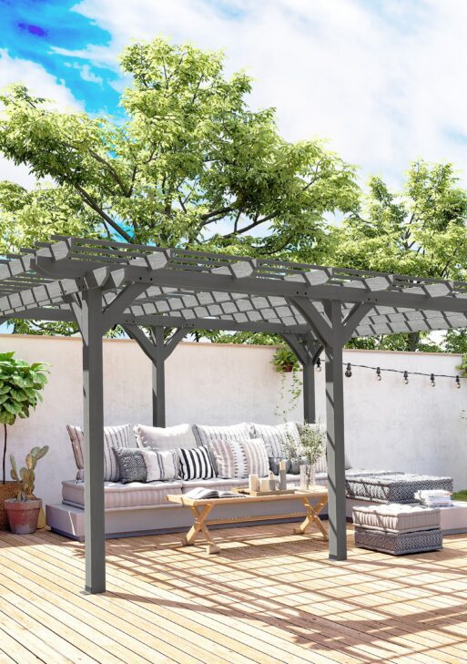 12' x 16' Outdoor Pergola, Wood Gazebo Grape Trellis with Stable Structure for Climbing Plant Support, Gray